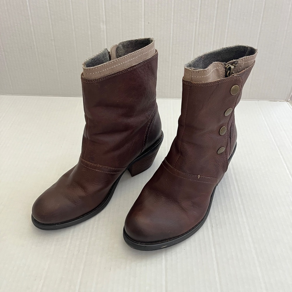 Womens Leather Ankle Boots EU 36 US 6 Brown Western Block Heel Zip Snap Buttons